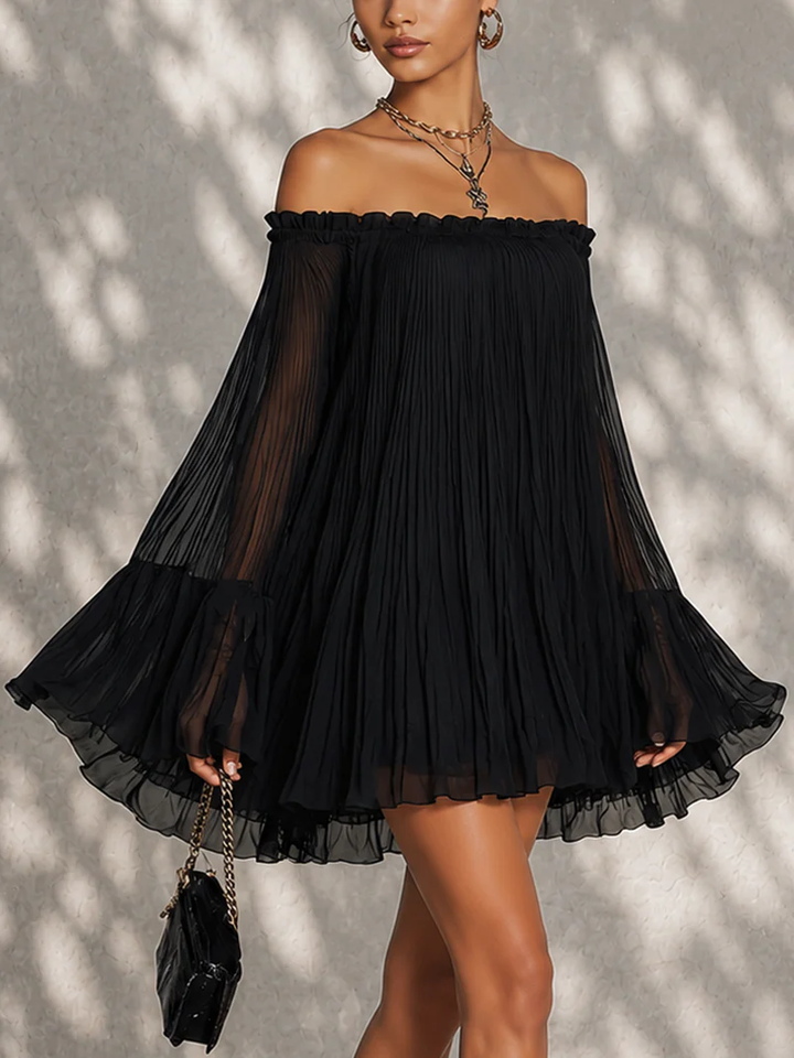 Océane | Black Off-the-Shoulder Mini Dress with Ruched Detail and Bell Sleeves