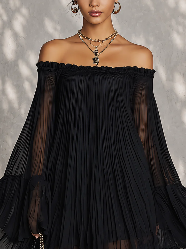 Océane | Black Off-the-Shoulder Mini Dress with Ruched Detail and Bell Sleeves