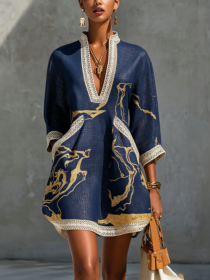 Cosette | Navy Blue Mini Dress Featuring Gold Patterns and V-Neck Crochet Lace