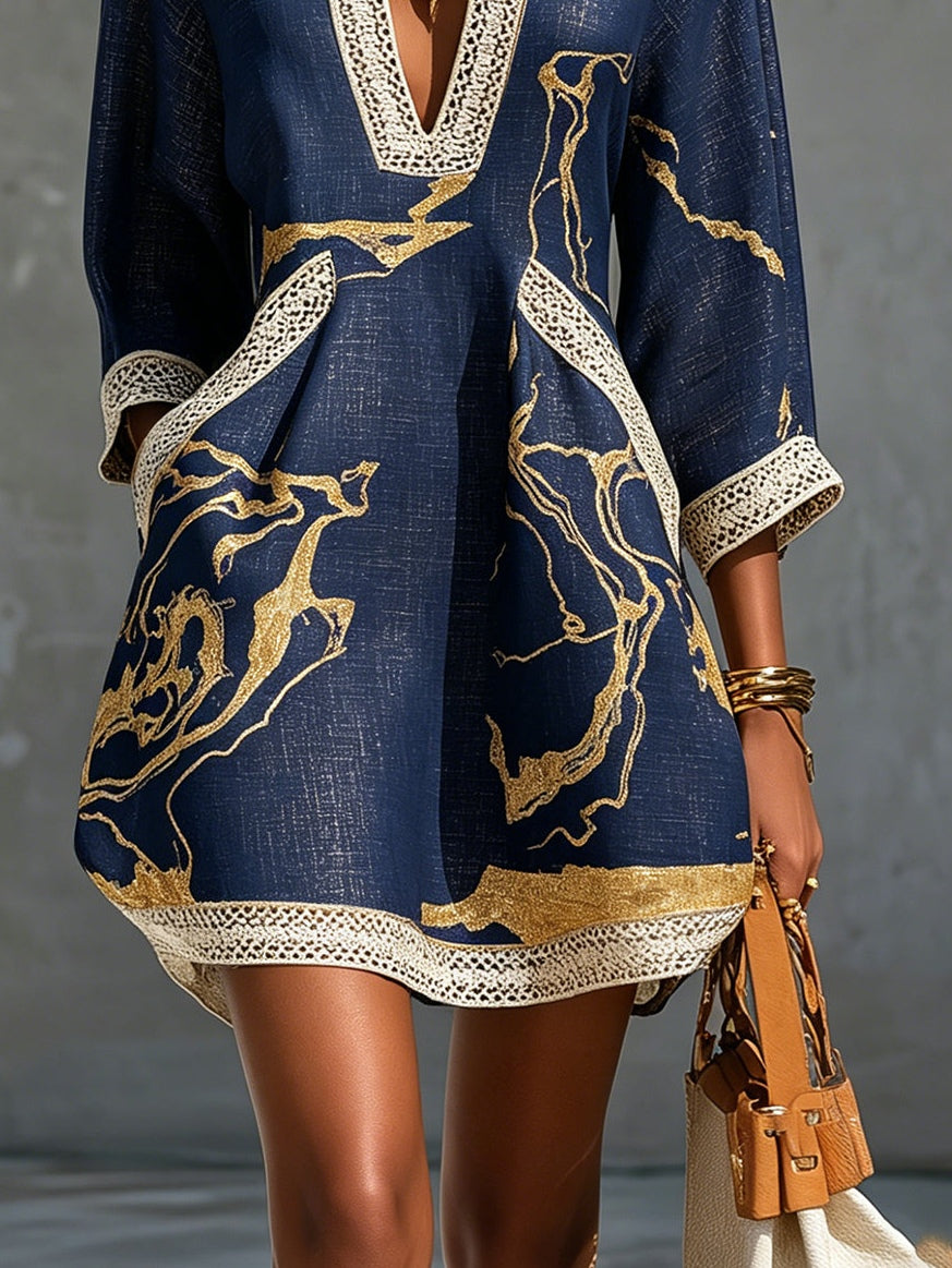 Cosette | Navy Blue Mini Dress Featuring Gold Patterns and V-Neck Crochet Lace