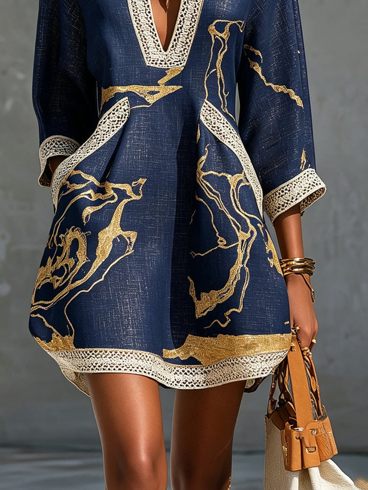 Cosette | Navy Blue Mini Dress Featuring Gold Patterns and V-Neck Crochet Lace