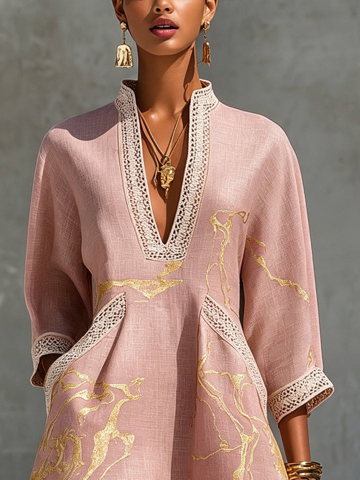 Ninon | Pink Crocheted Lace Mini Dress with Golden Accents and V-Neck