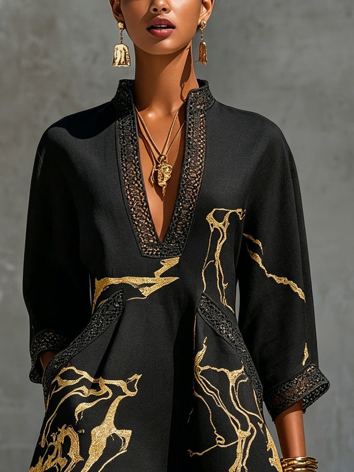 Léonie | Black Crocheted Lace Mini Dress with Gold Accents and V-Neck