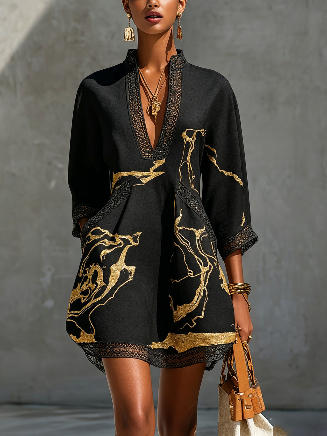 Léonie | Black Crocheted Lace Mini Dress with Gold Accents and V-Neck