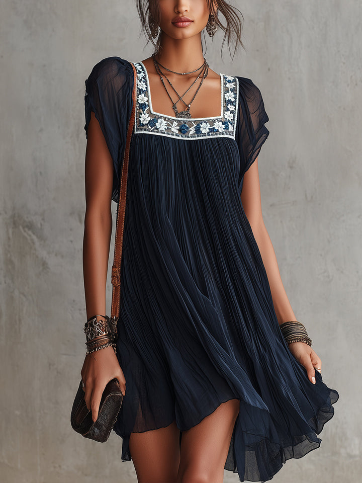 Apolline | Embroidered Navy Blue Chiffon Mini Pleated Dress