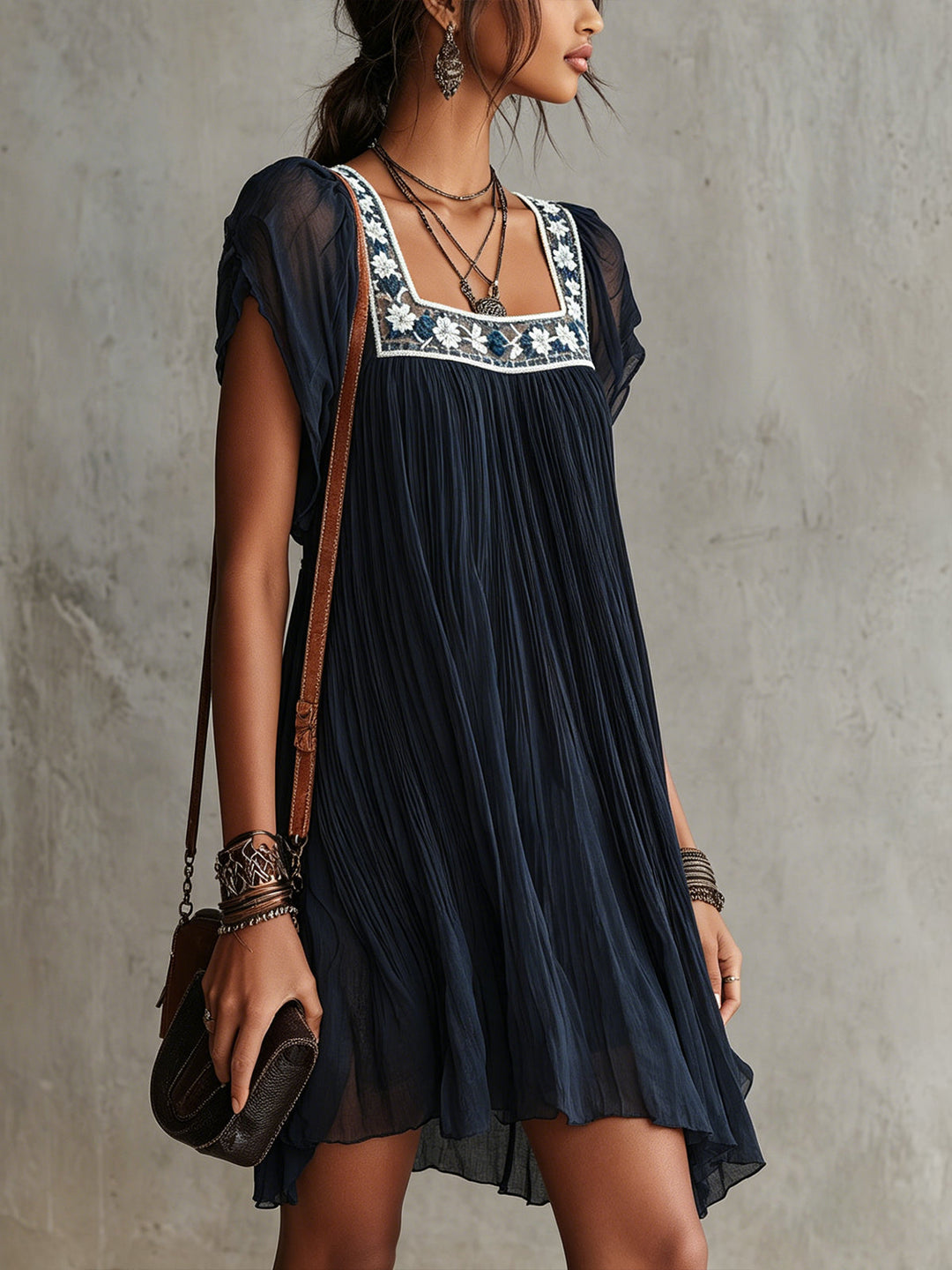 Apolline | Embroidered Navy Blue Chiffon Mini Pleated Dress