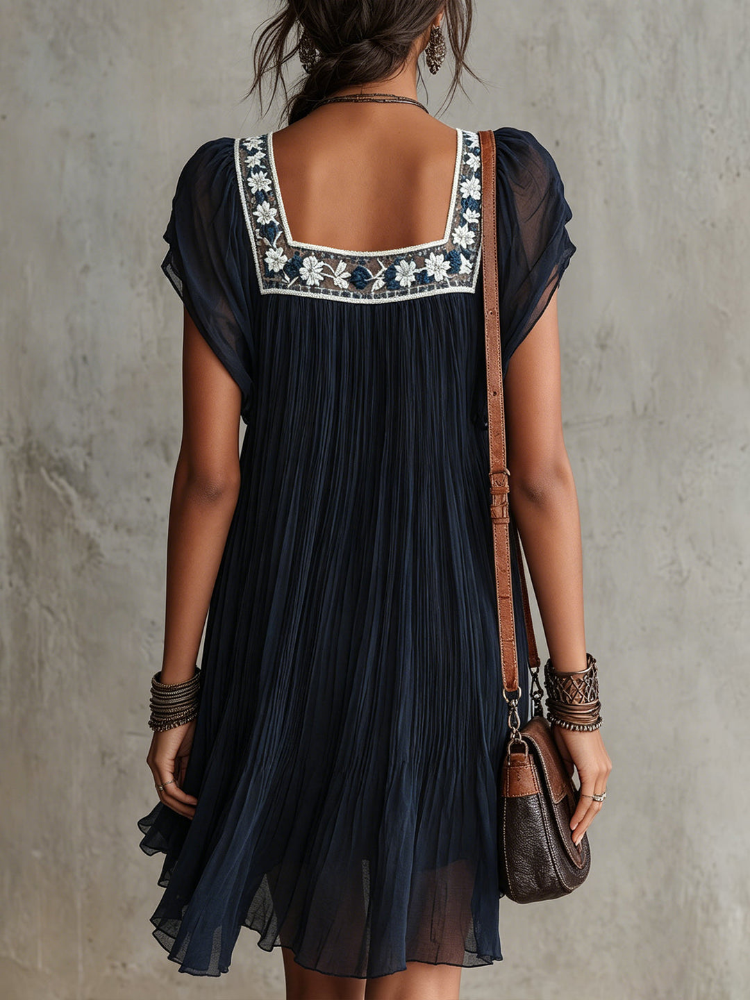 Apolline | Embroidered Navy Blue Chiffon Mini Pleated Dress