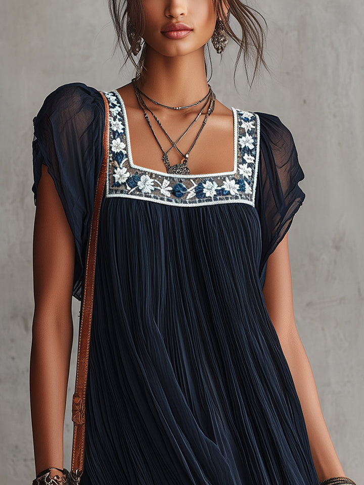 Apolline | Embroidered Navy Blue Chiffon Mini Pleated Dress