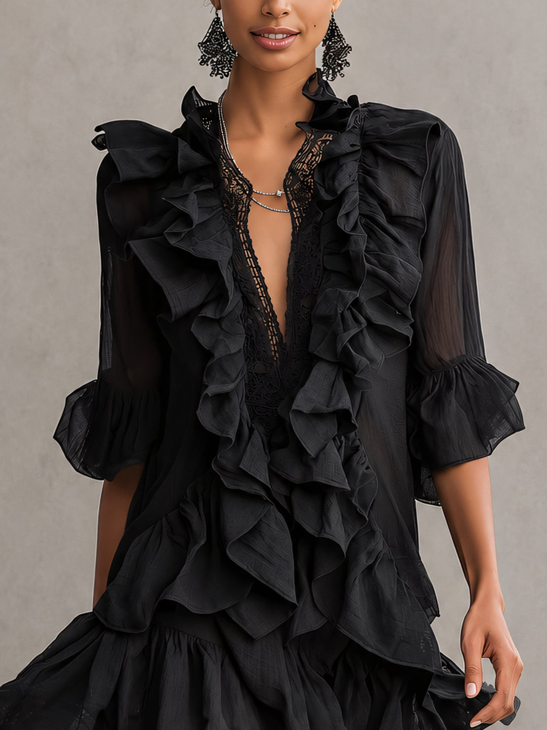 Anaïs | Black Ruffled Chiffon Mini Dress