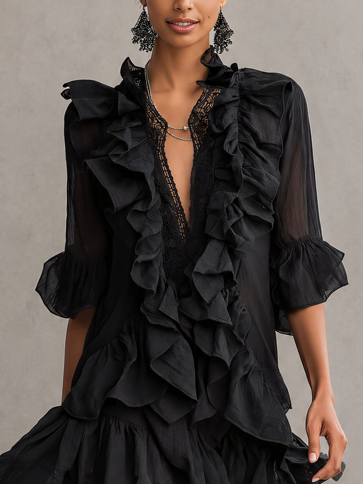 Anaïs | Black Ruffled Chiffon Mini Dress