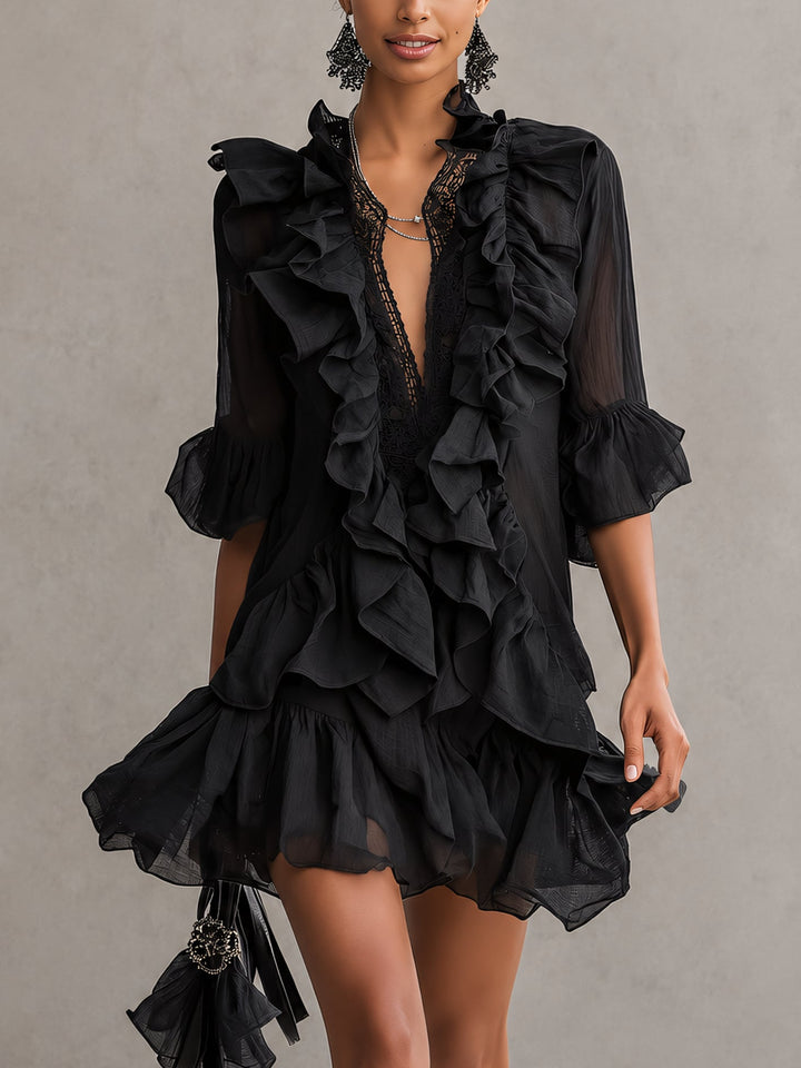 Anaïs | Black Ruffled Chiffon Mini Dress