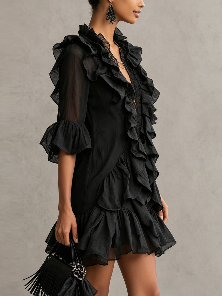 Anaïs | Black Ruffled Chiffon Mini Dress