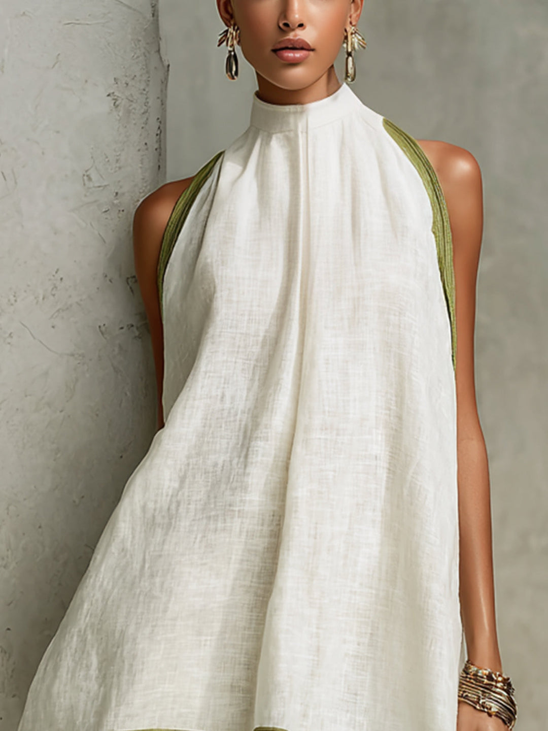 Agathe | Sleeveless A-Line Mini Dress in White and Olive Green Floral Print