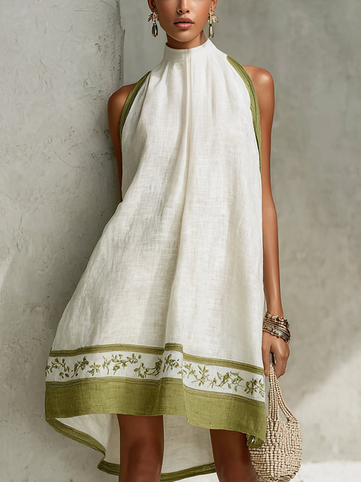Agathe | Sleeveless A-Line Mini Dress in White and Olive Green Floral Print