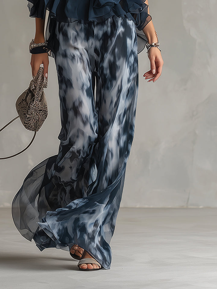Ludovica – Elegant chiffon set with high-neck top and wide-leg printed trousers • S1