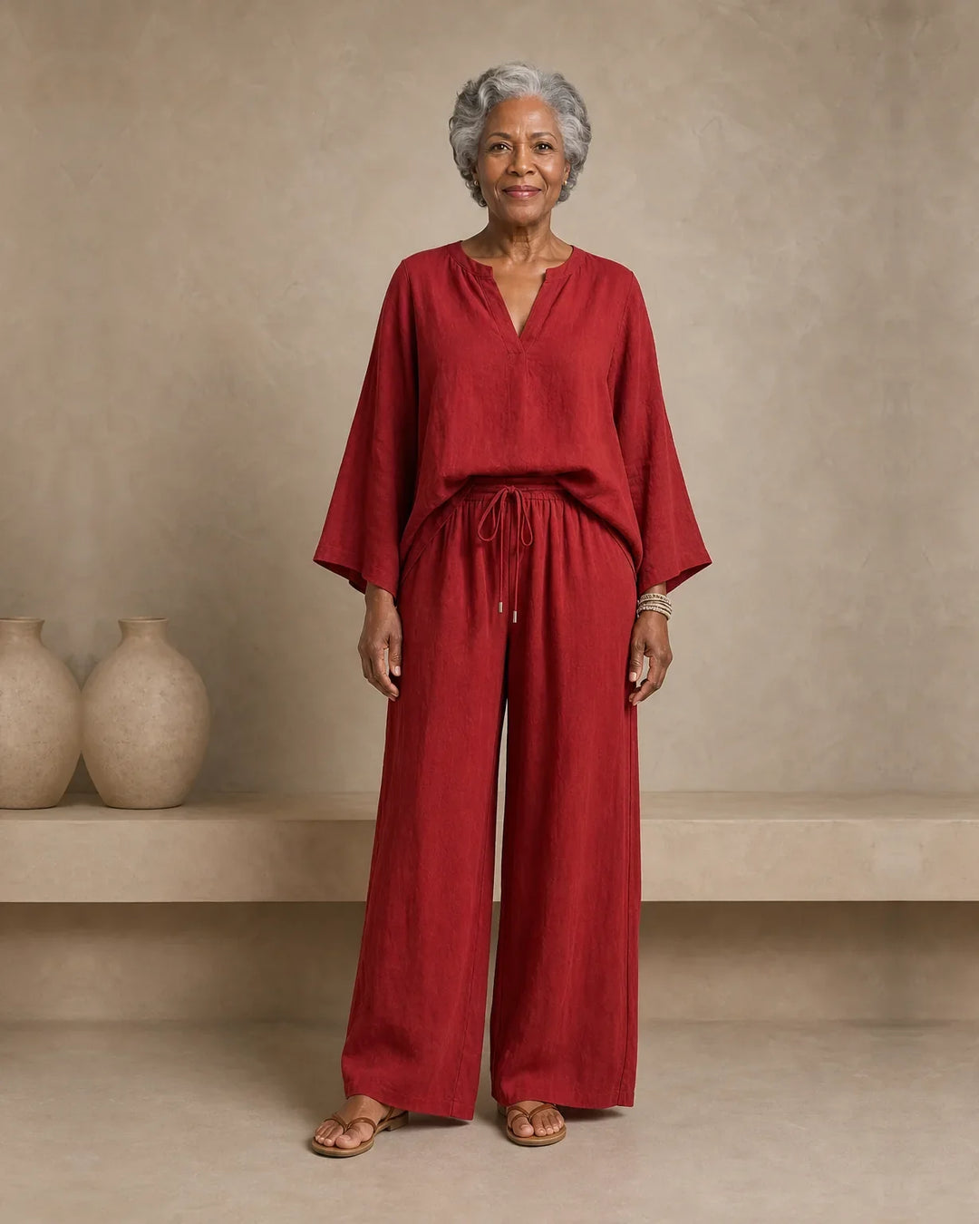 Camryn | Linen Look V-Neck Two-Piece Set